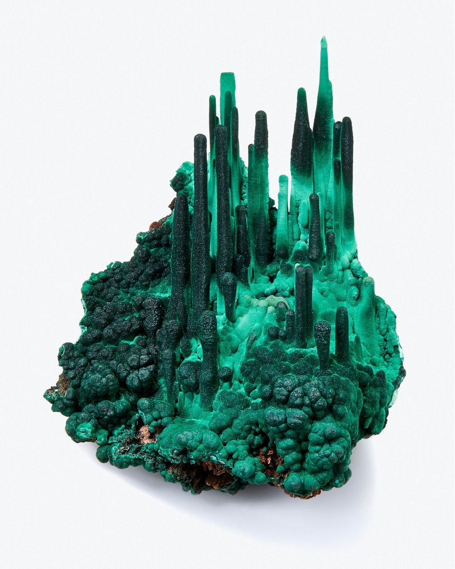 Illumination Emerald City”, Malachite Stalactites on white, Star of the Congo Mine, Lubumbashi, Haut-Katanga, DRC 36 cm tall x 27 cm wide